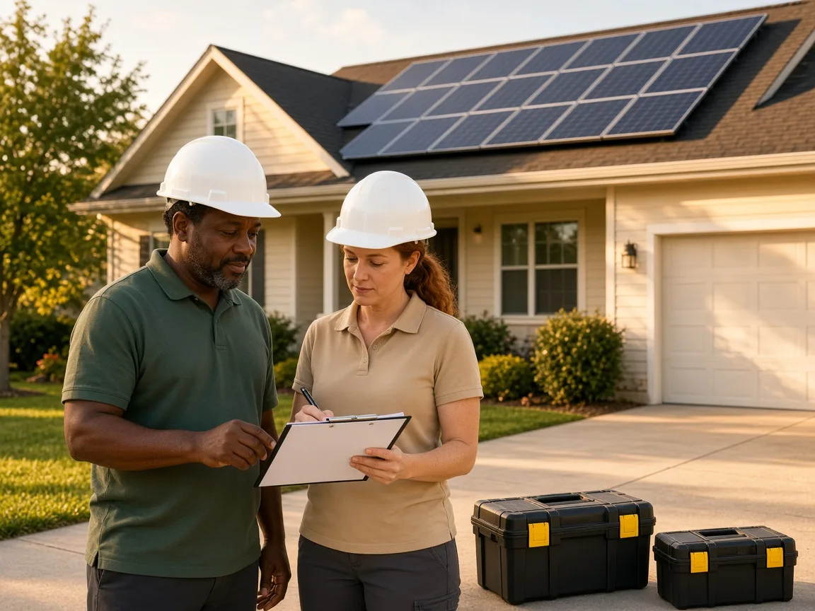 Homeowner and installer reviewing a checklist at the end of the driveway