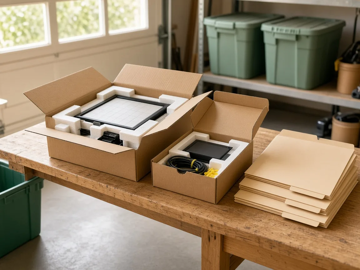 Open equipment boxes and warranty folders on a garage workbench