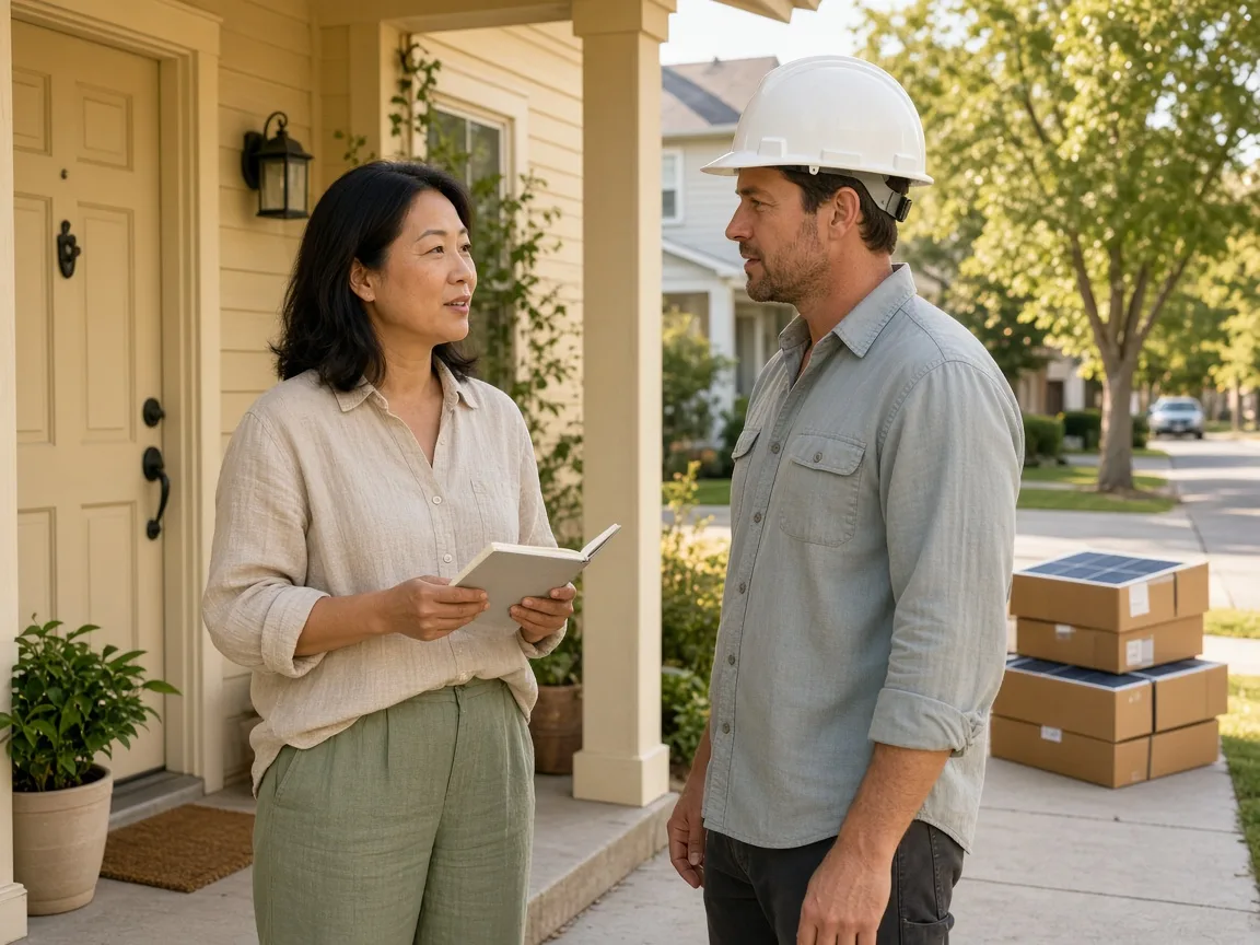 Homeowner and installer talking on the front porch