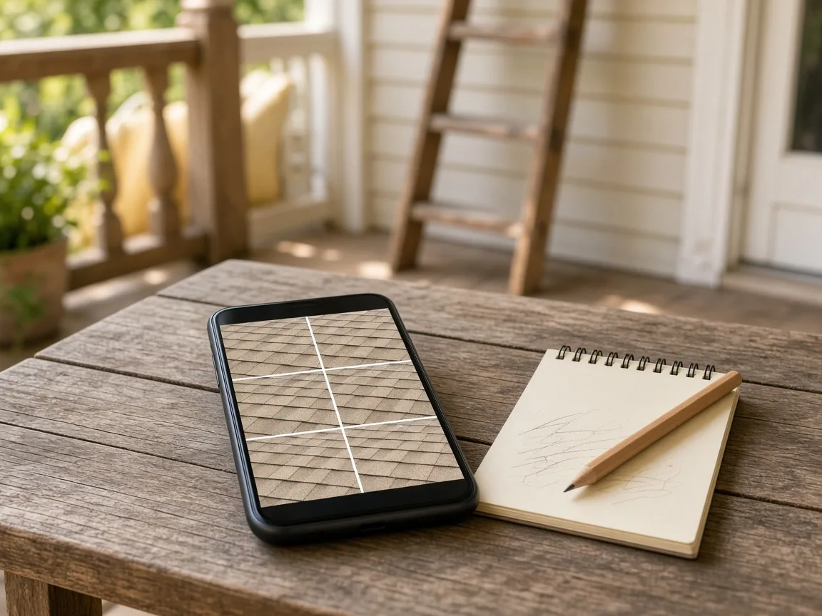Phone on a porch table showing roof reference photos beside a notepad
