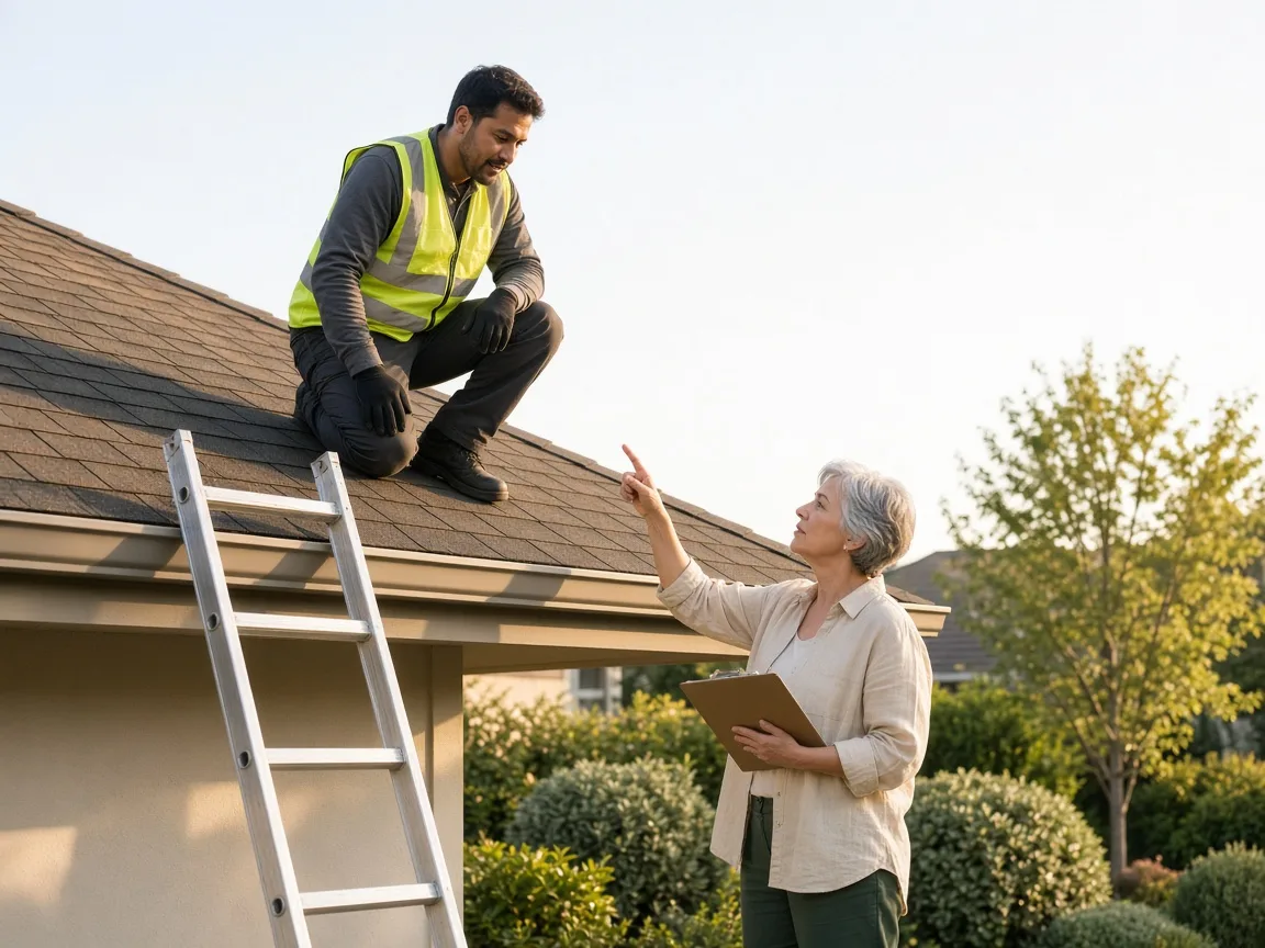 Installer on the roof coordinating with a homeowner holding a clipboard below