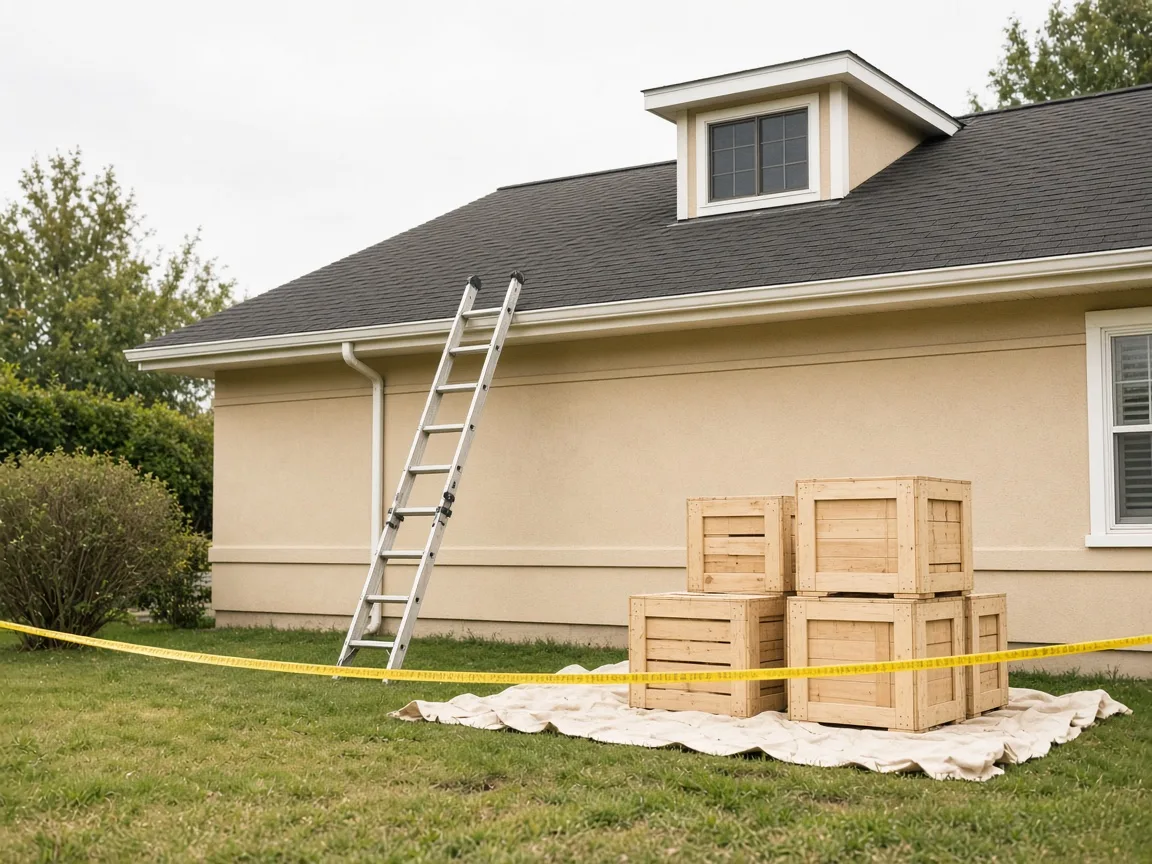 Extension ladder at the roofline with a staged work area on the lawn
